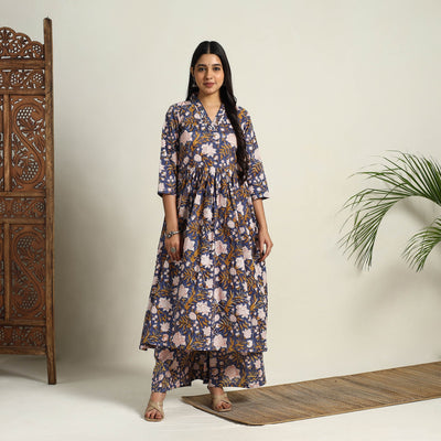 Blue - Block Print Cotton Flared Sanganeri Kurta Set 01