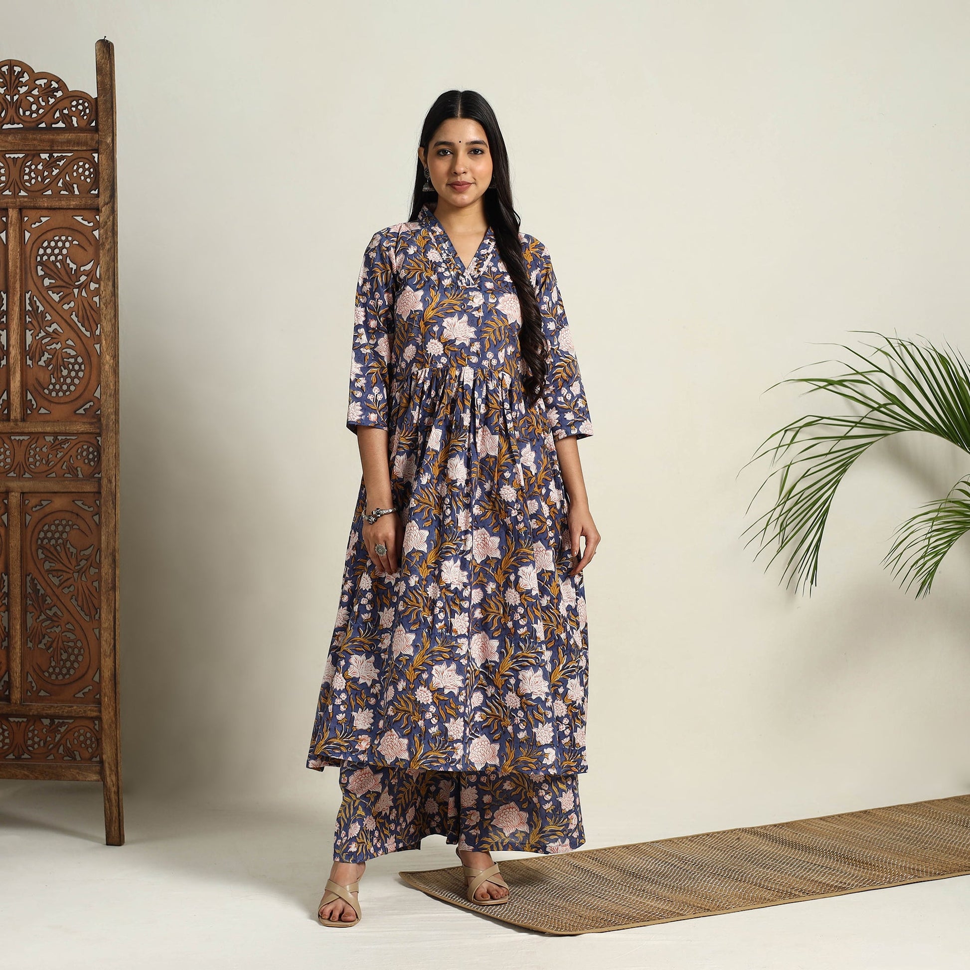 Blue - Block Print Cotton Flared Sanganeri Kurta Set 01