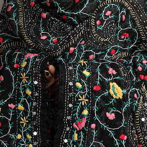 Black - Ranihati Chanderi Silk Chapa Work Phulkari Embroidered Dupatta with Pom Pom 30