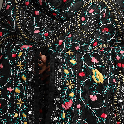 Black - Ranihati Chanderi Silk Chapa Work Phulkari Embroidered Dupatta with Pom Pom 30
