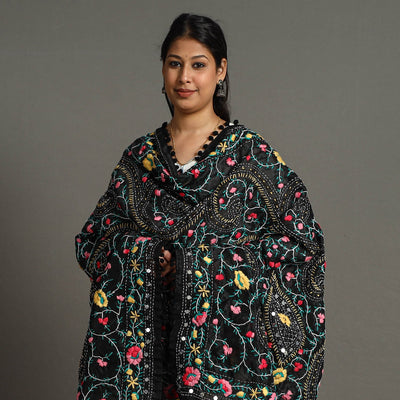 Black - Ranihati Chanderi Silk Chapa Work Phulkari Embroidered Dupatta with Pom Pom 30