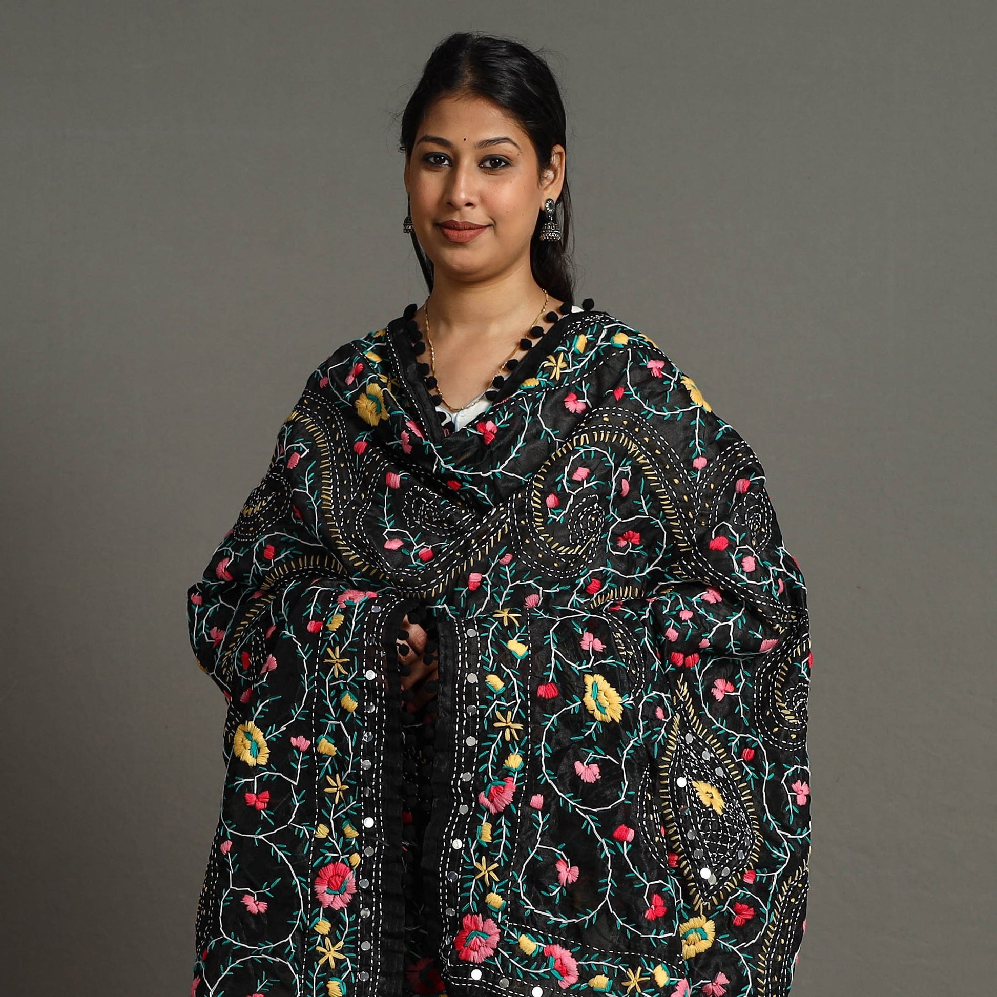 Black - Ranihati Chanderi Silk Chapa Work Phulkari Embroidered Dupatta with Pom Pom 30