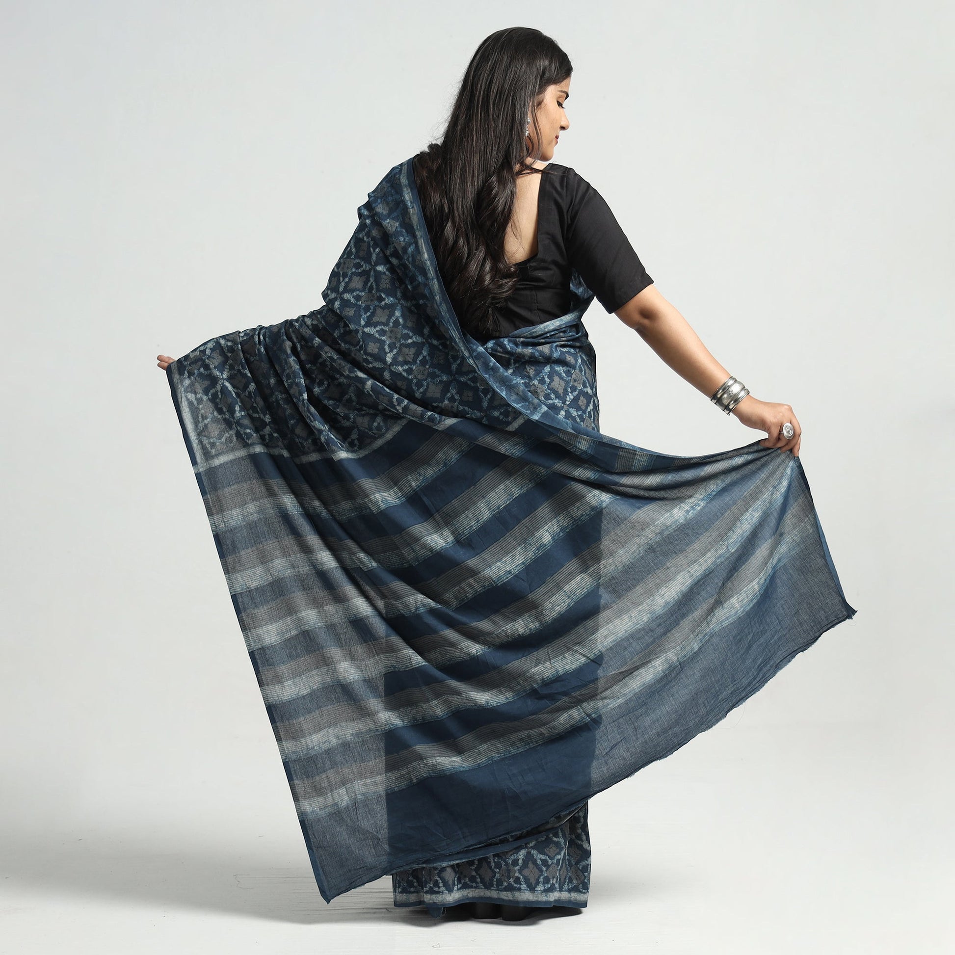 Blue - Akola Hand Block Printed Cotton Saree