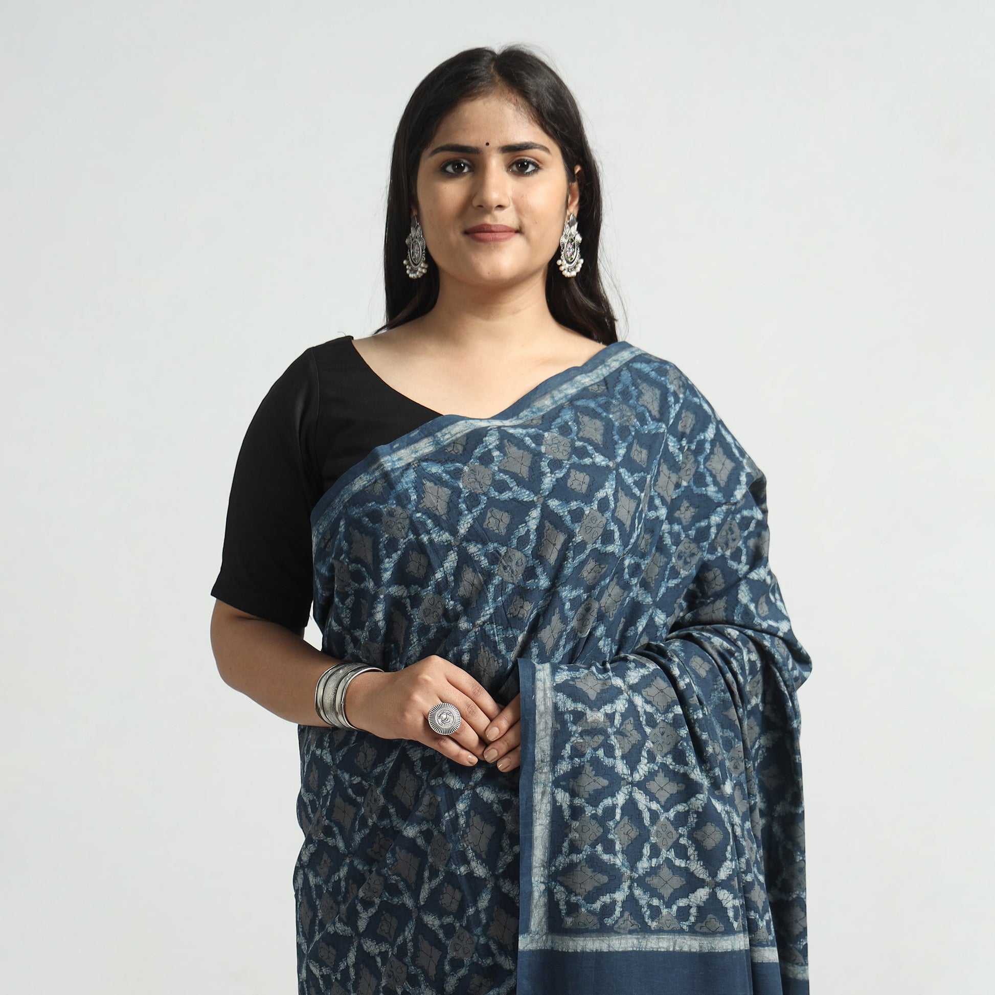 Blue - Akola Hand Block Printed Cotton Saree