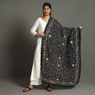 Black - Ranihati Chanderi Silk Chapa Work Phulkari Embroidered Dupatta with Pom Pom 30