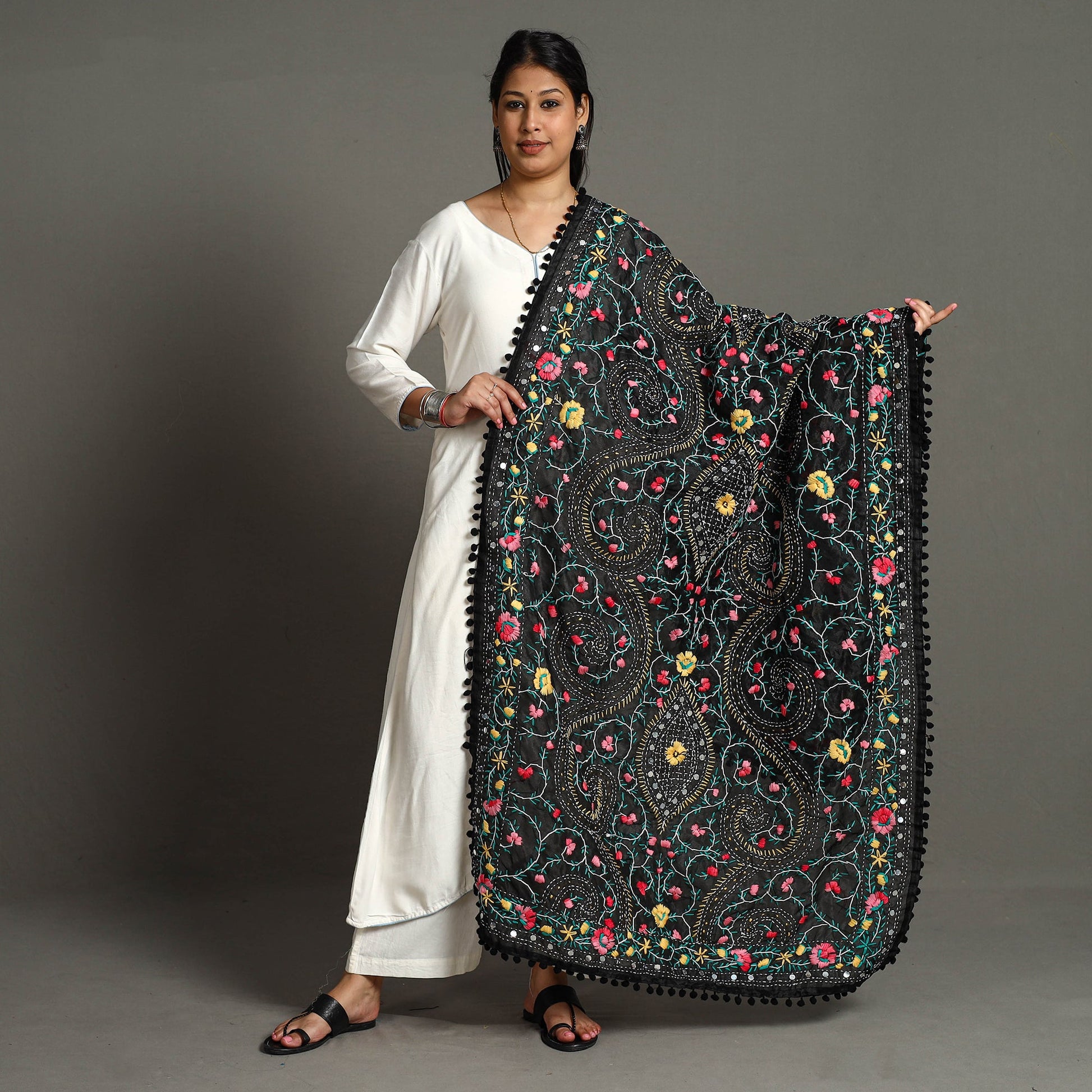 Black - Ranihati Chanderi Silk Chapa Work Phulkari Embroidered Dupatta with Pom Pom 30