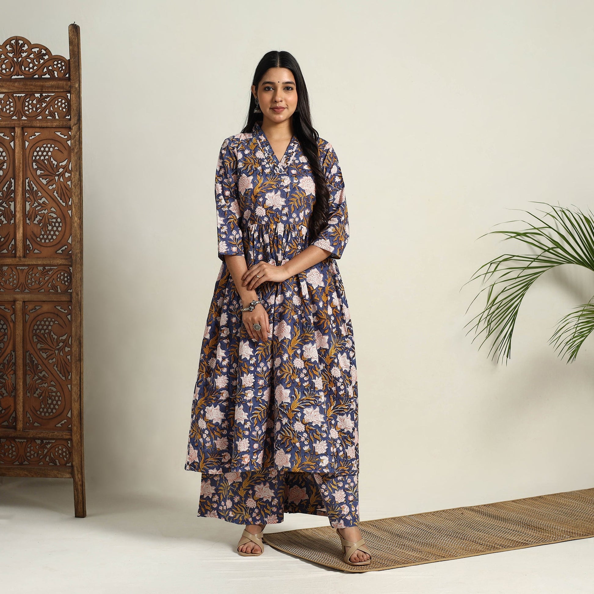 Blue - Block Print Cotton Flared Sanganeri Kurta Set 01