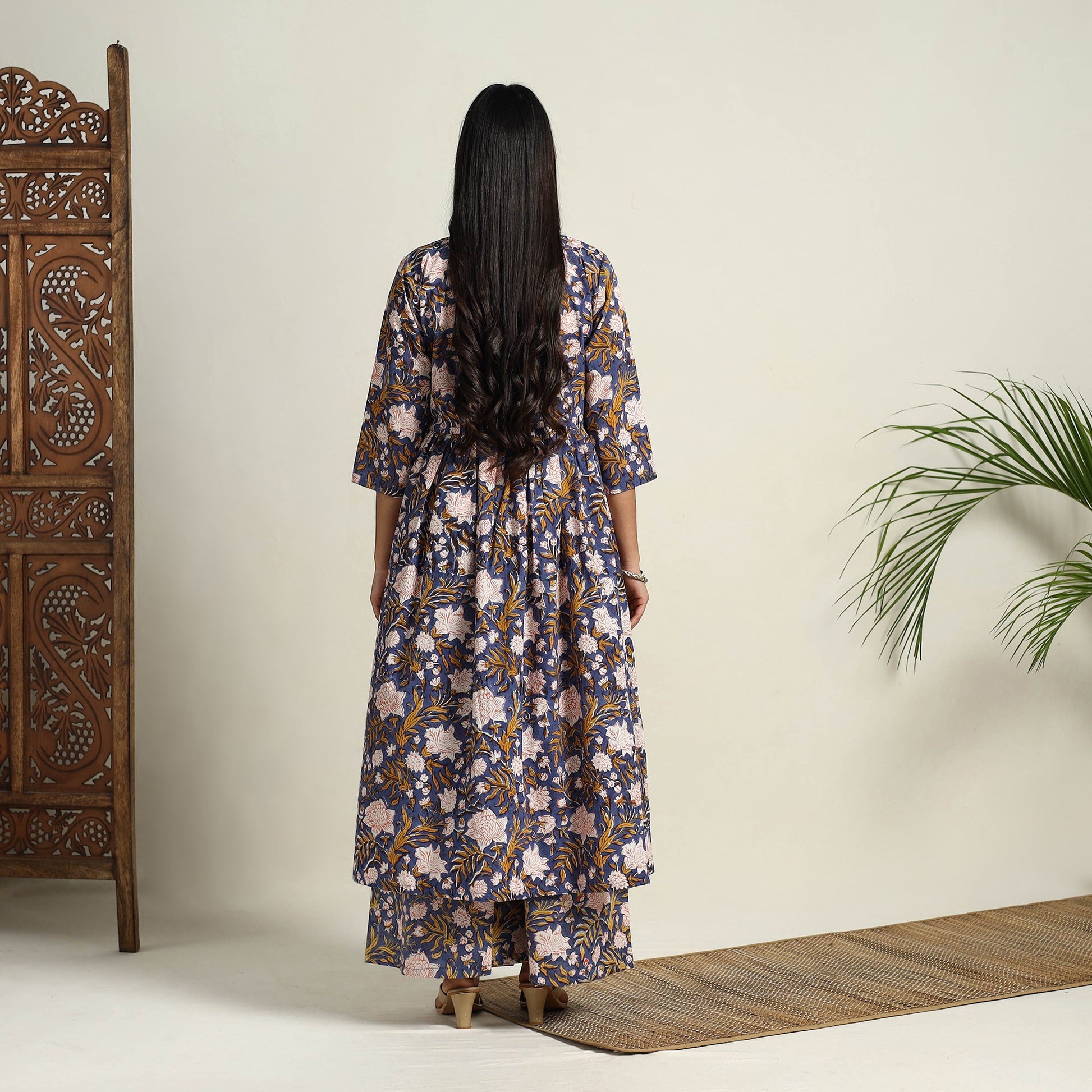 Blue - Block Print Cotton Flared Sanganeri Kurta Set 01