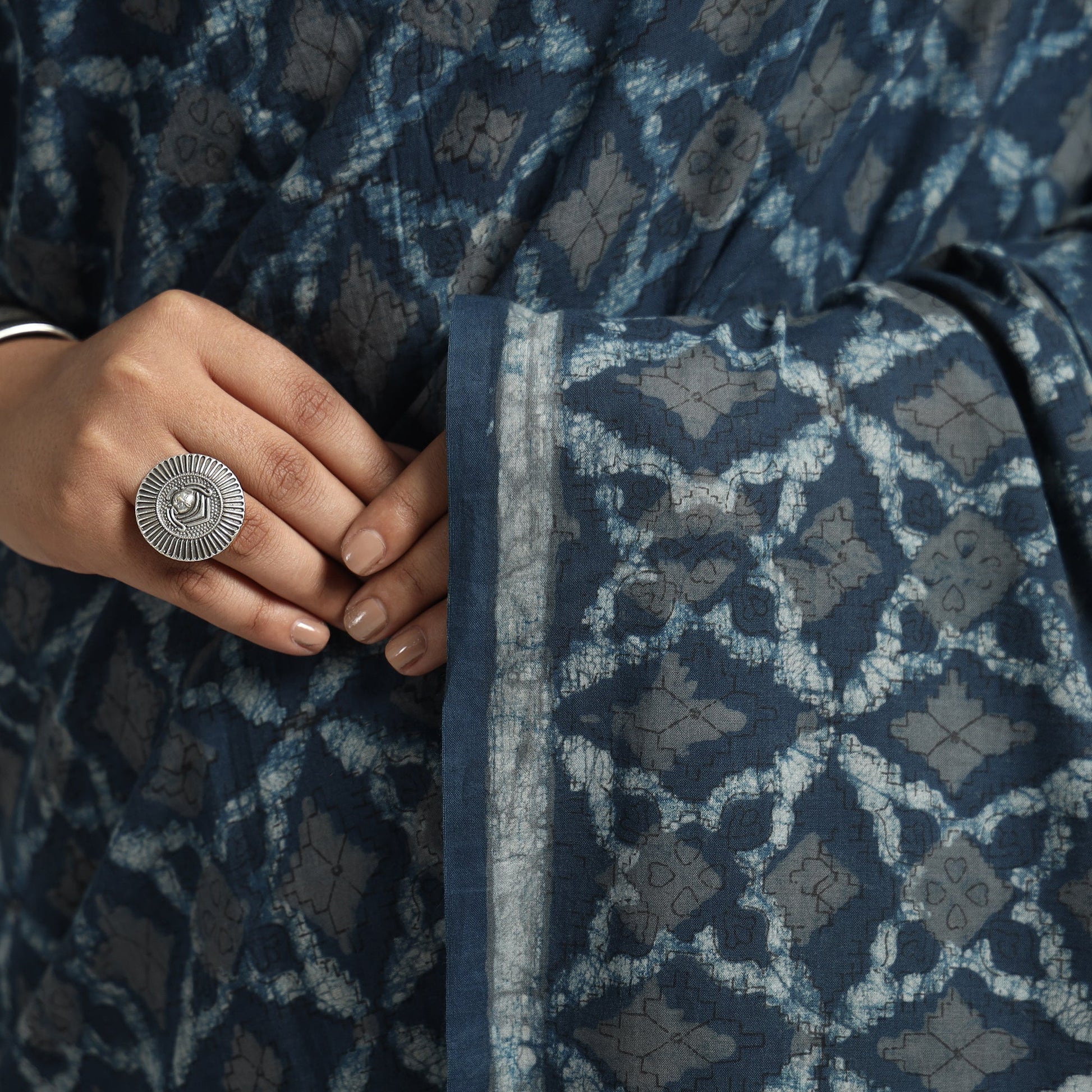 Blue - Akola Hand Block Printed Cotton Saree