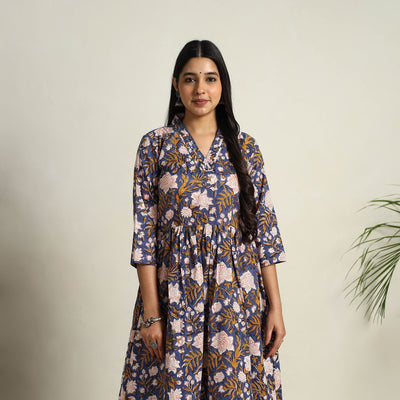 Blue - Block Print Cotton Flared Sanganeri Kurta Set 01