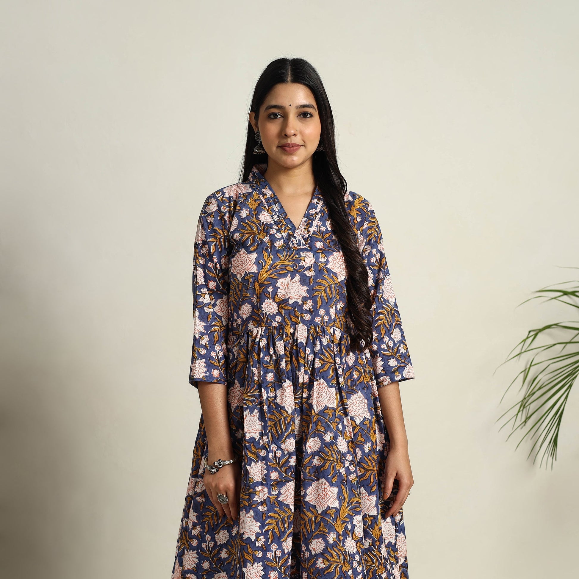 Blue - Block Print Cotton Flared Sanganeri Kurta Set 01