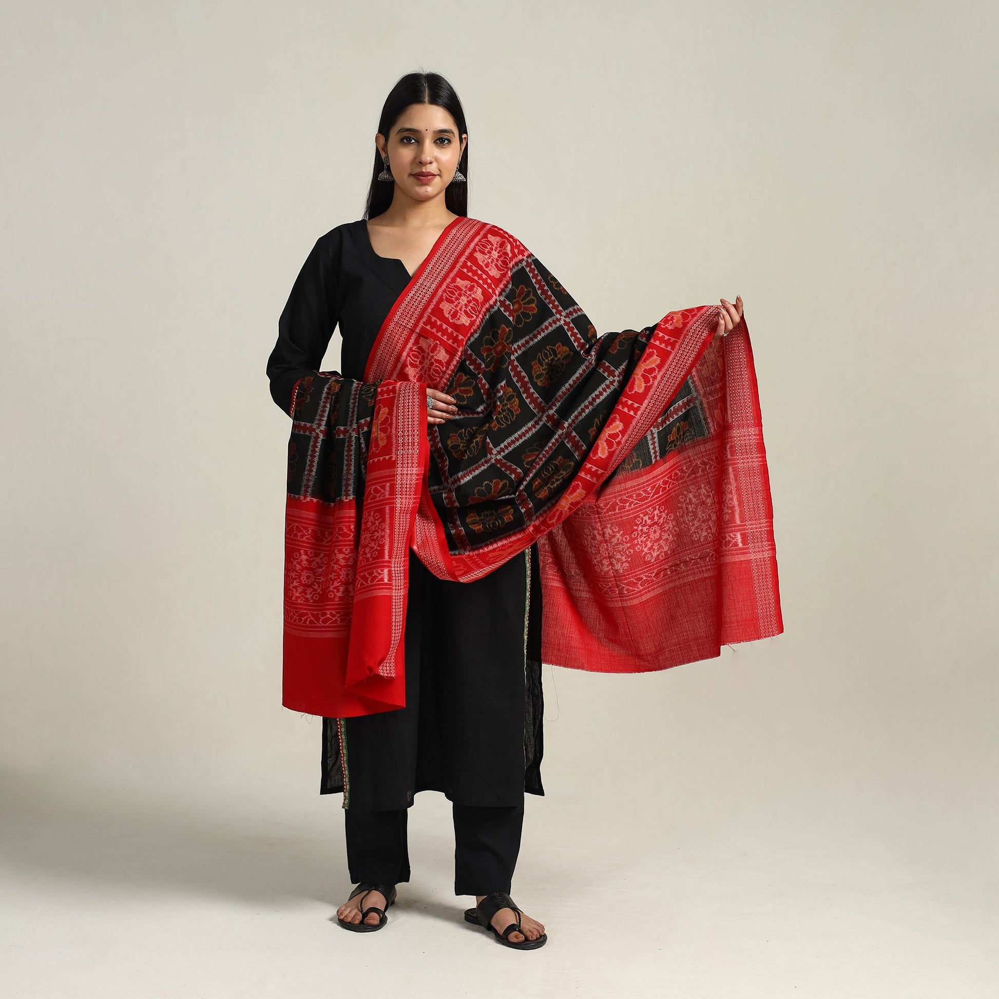 Black - Handloom Cotton Sambalpuri Ikat Dupatta 08