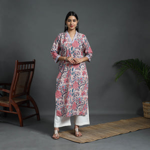 Beige - Sequins Work Cotton Straight Sanganeri Print Kurta 03