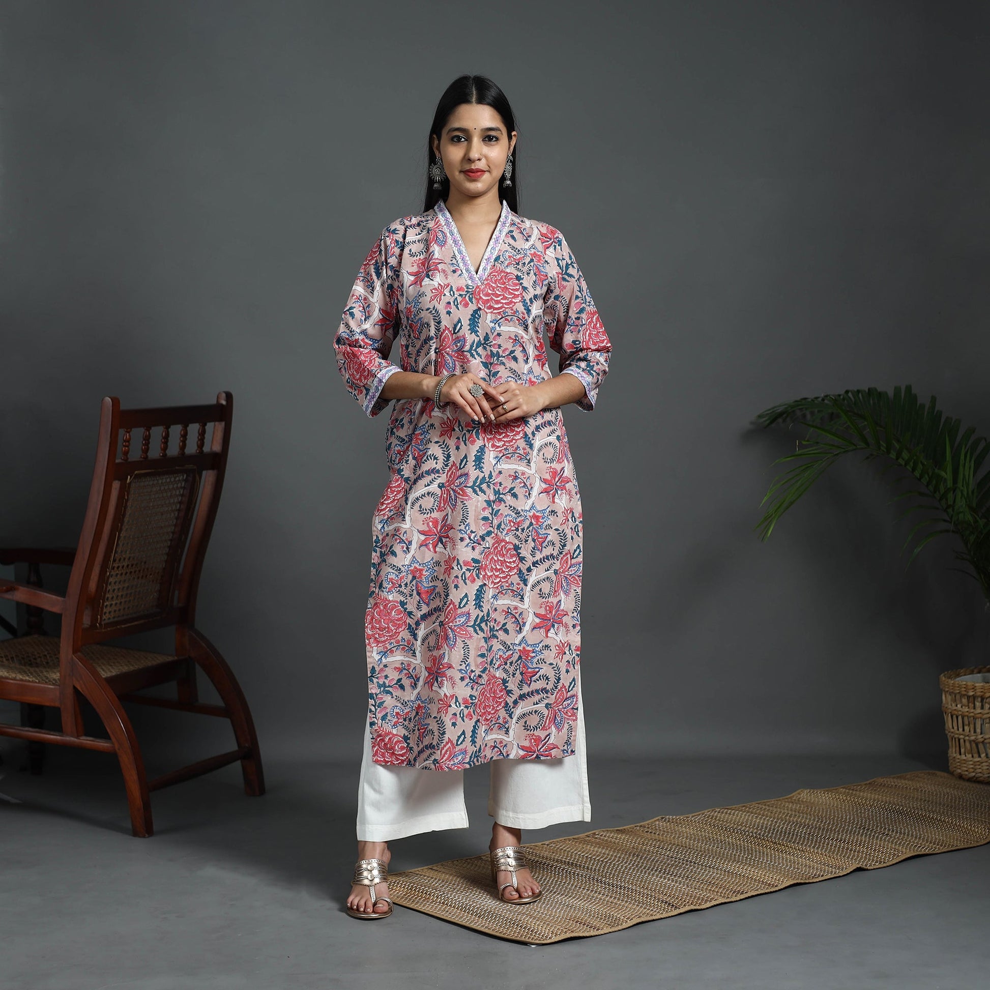 Beige - Sequins Work Cotton Straight Sanganeri Print Kurta 03