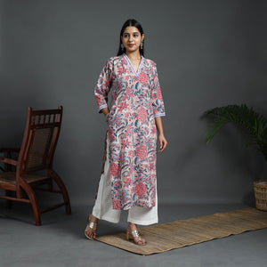 Beige - Sequins Work Cotton Straight Sanganeri Print Kurta 03