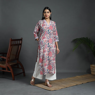 Beige - Sequins Work Cotton Straight Sanganeri Print Kurta 03