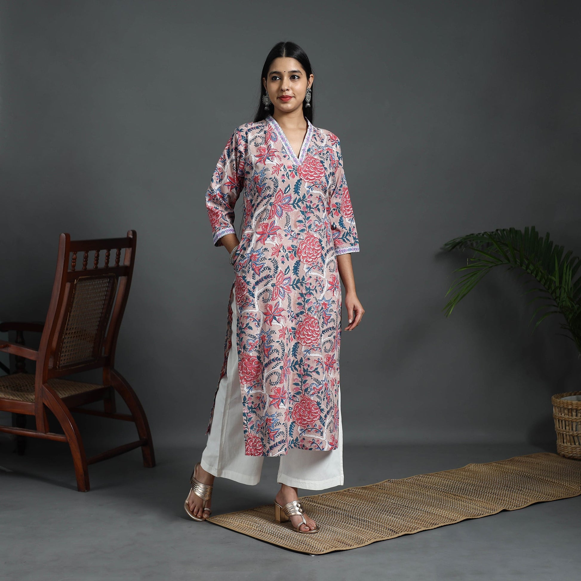 Beige - Sequins Work Cotton Straight Sanganeri Print Kurta 03