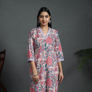 Beige - Sequins Work Cotton Straight Sanganeri Print Kurta 03