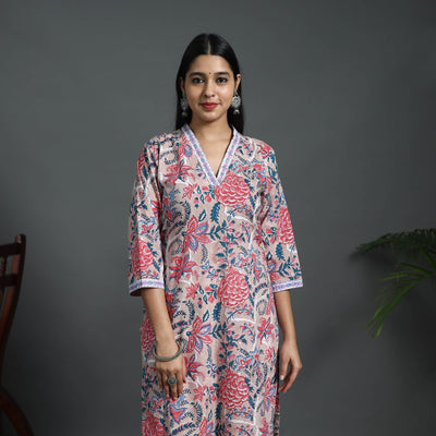 Beige - Sequins Work Cotton Straight Sanganeri Print Kurta 03