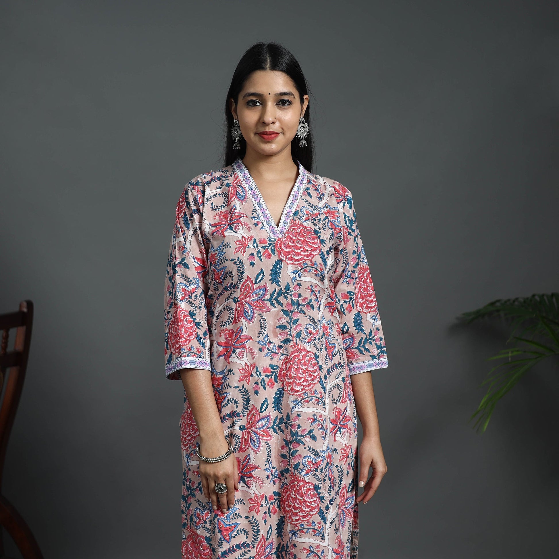 Beige - Sequins Work Cotton Straight Sanganeri Print Kurta 03