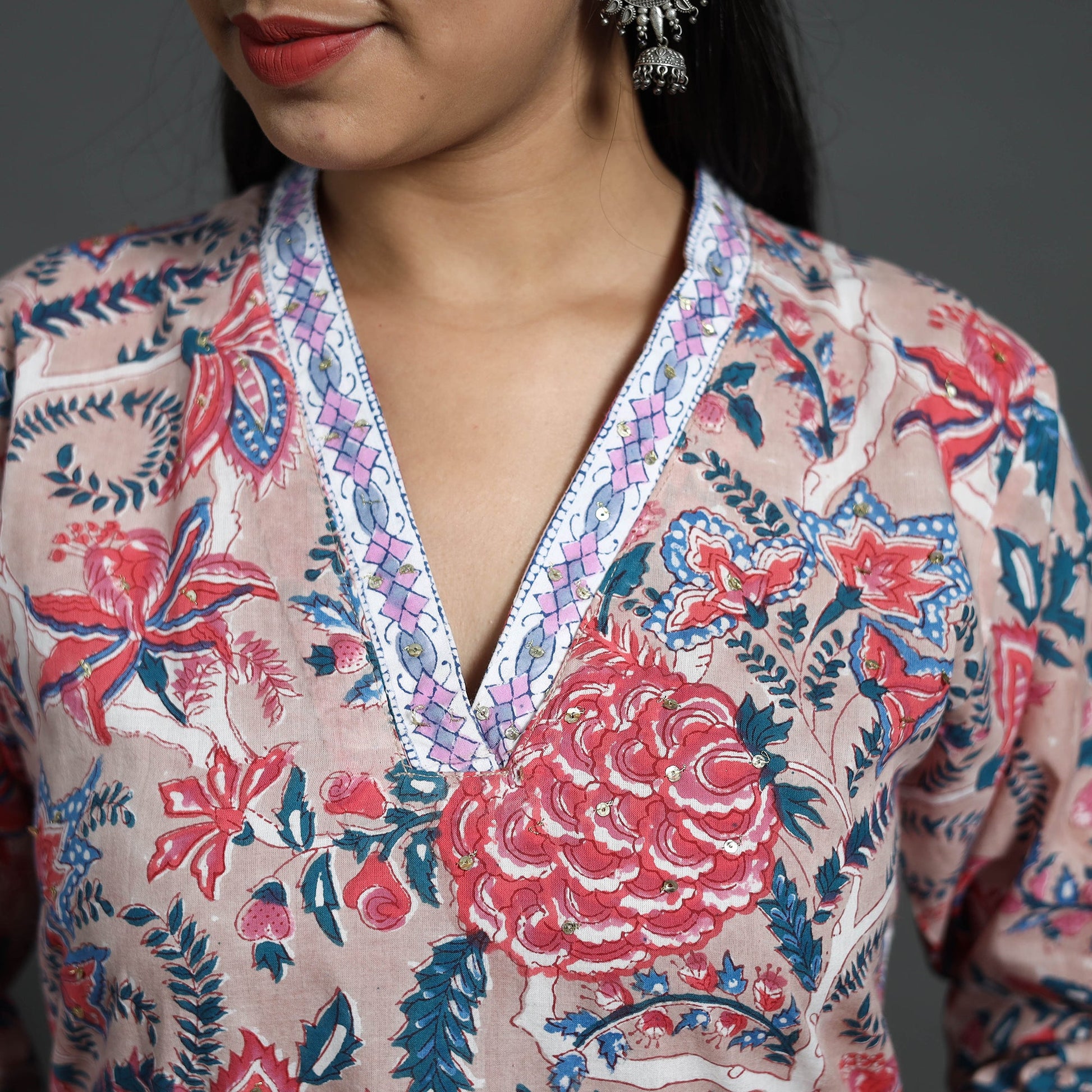 Beige - Sequins Work Cotton Straight Sanganeri Print Kurta 03