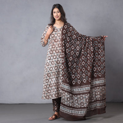 Brown - - Hand Batik Printing Cotton Kurta with Palazzo & Dupatta Set