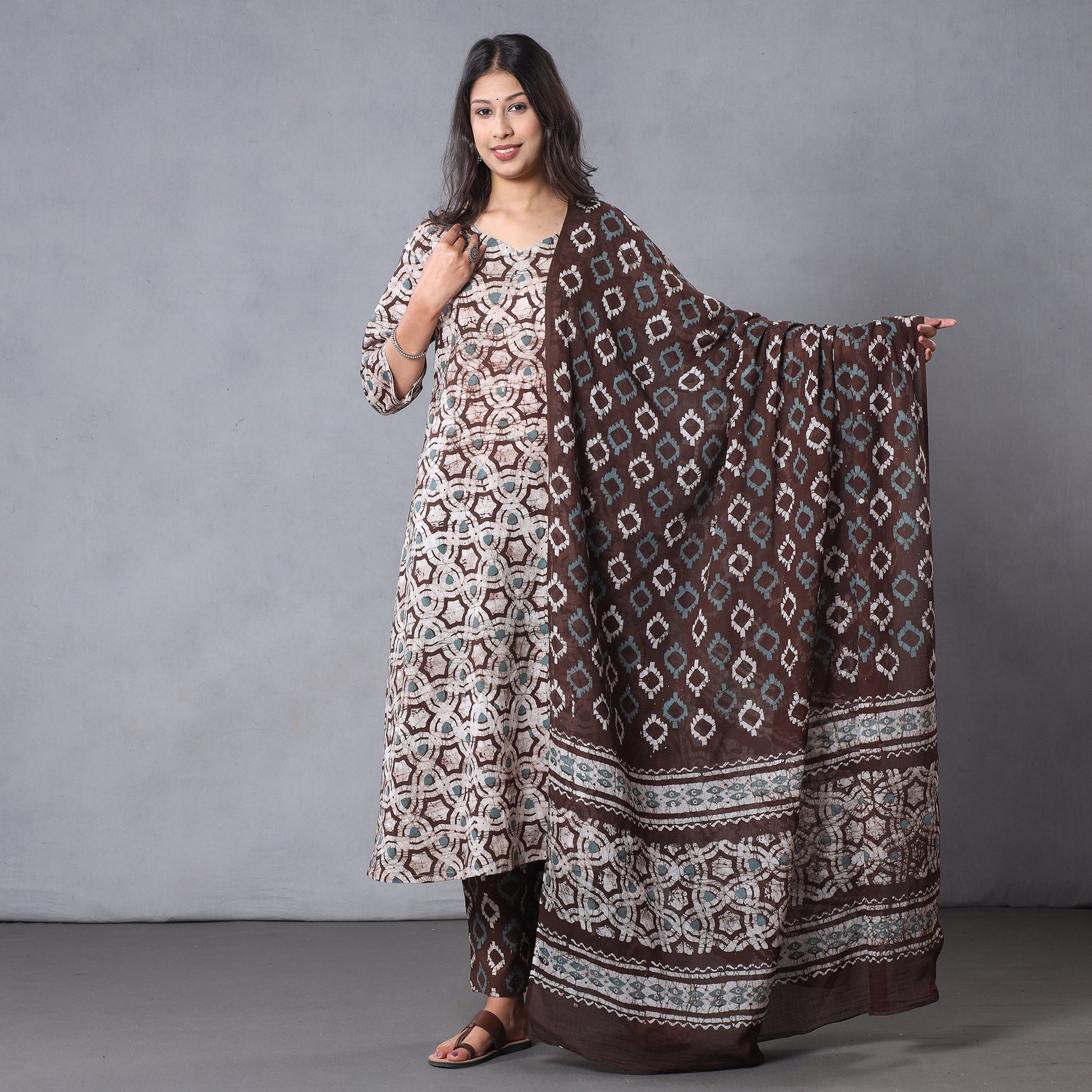 Brown - - Hand Batik Printing Cotton Kurta with Palazzo & Dupatta Set