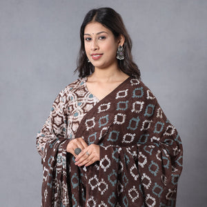 Brown - - Hand Batik Printing Cotton Kurta with Palazzo & Dupatta Set