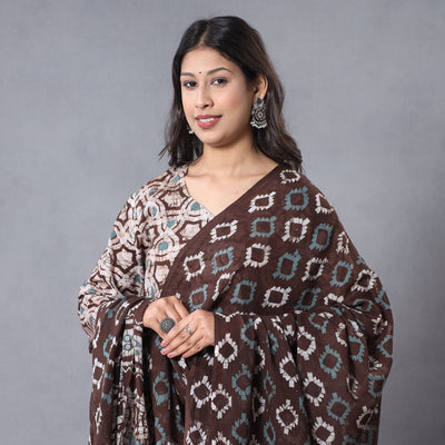 Brown - - Hand Batik Printing Cotton Kurta with Palazzo & Dupatta Set