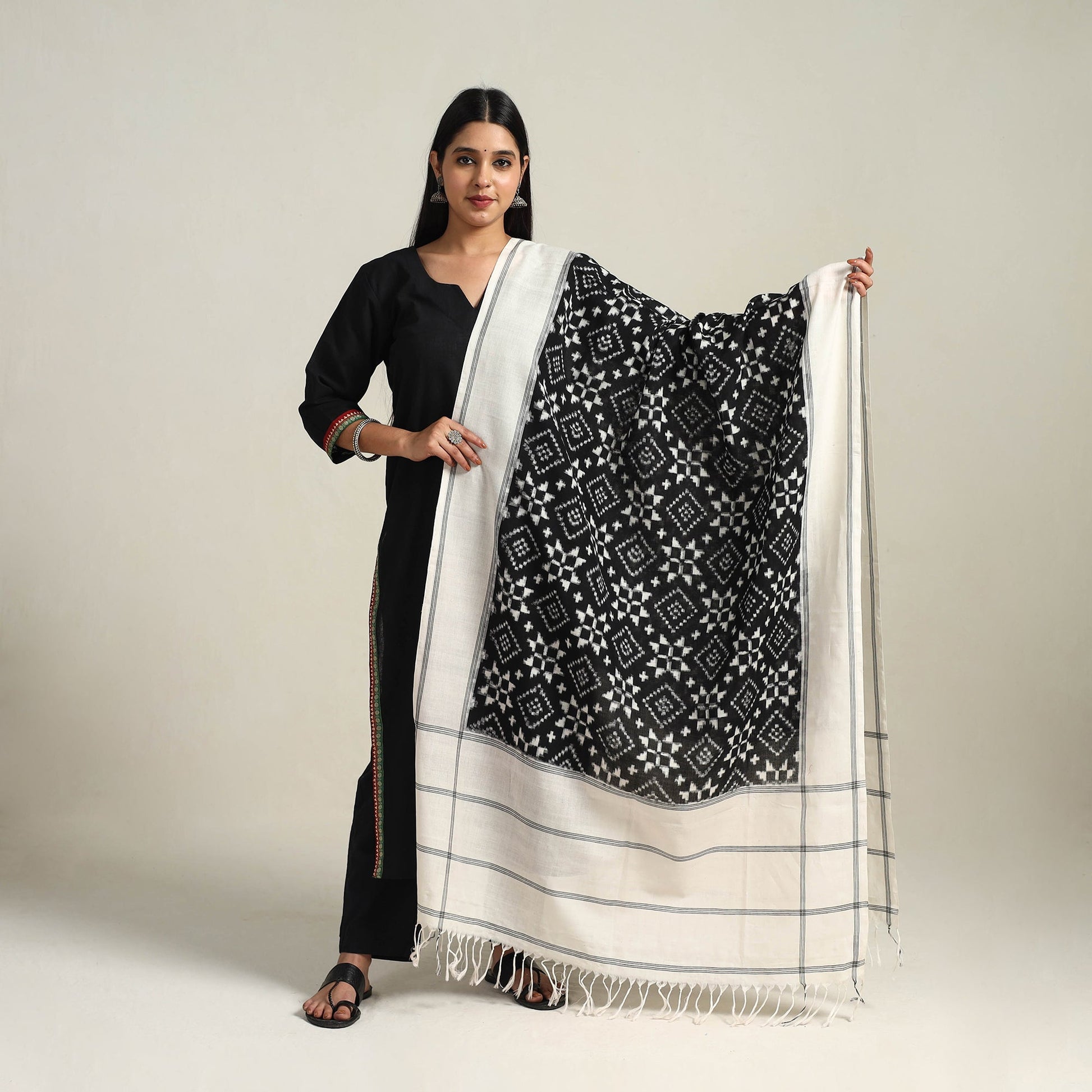 Black - Handloom Cotton Pochampally Double Ikat Dupatta 03