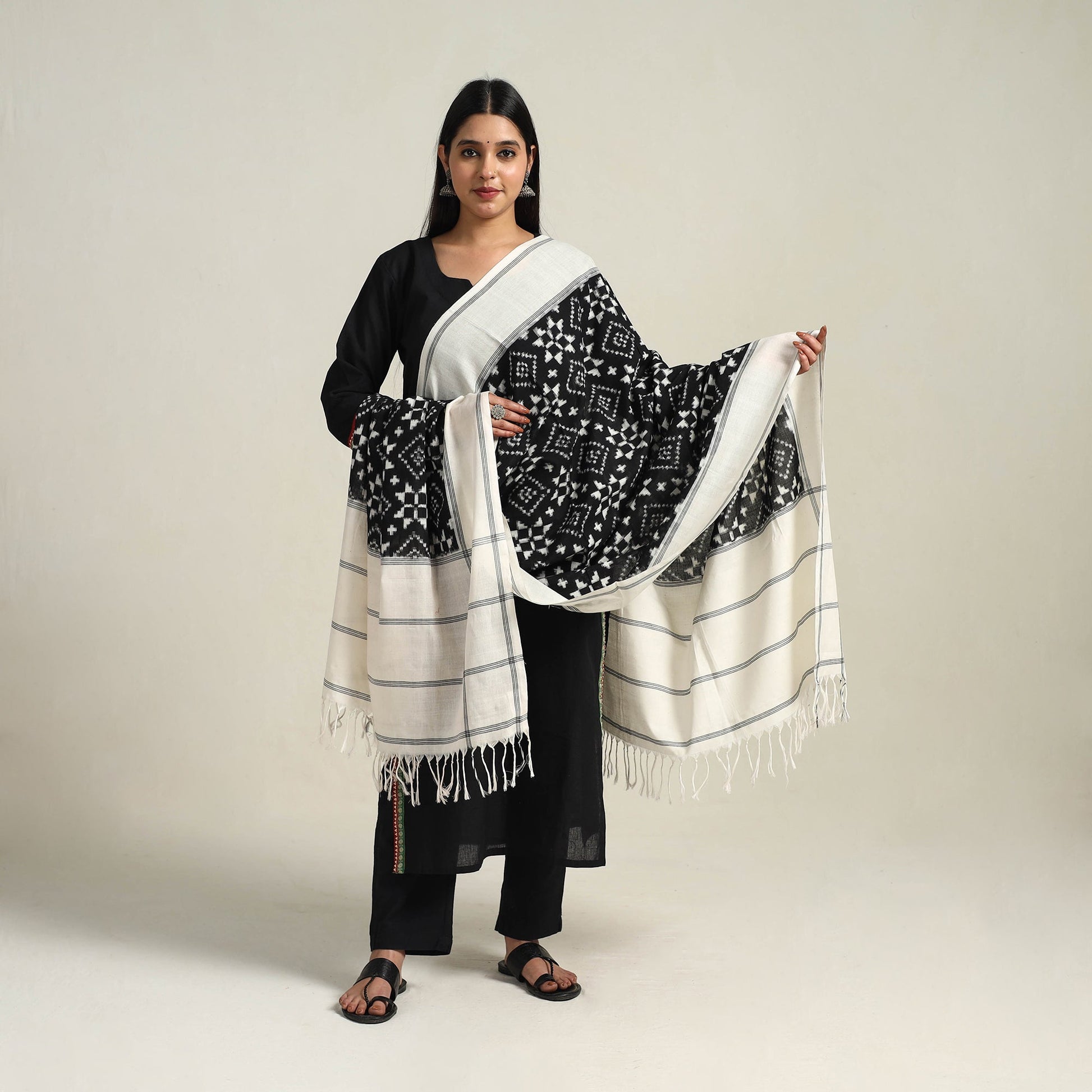 Black - Handloom Cotton Pochampally Double Ikat Dupatta 03