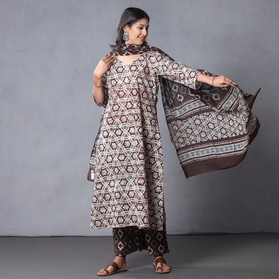 Brown - - Hand Batik Printing Cotton Kurta with Palazzo & Dupatta Set