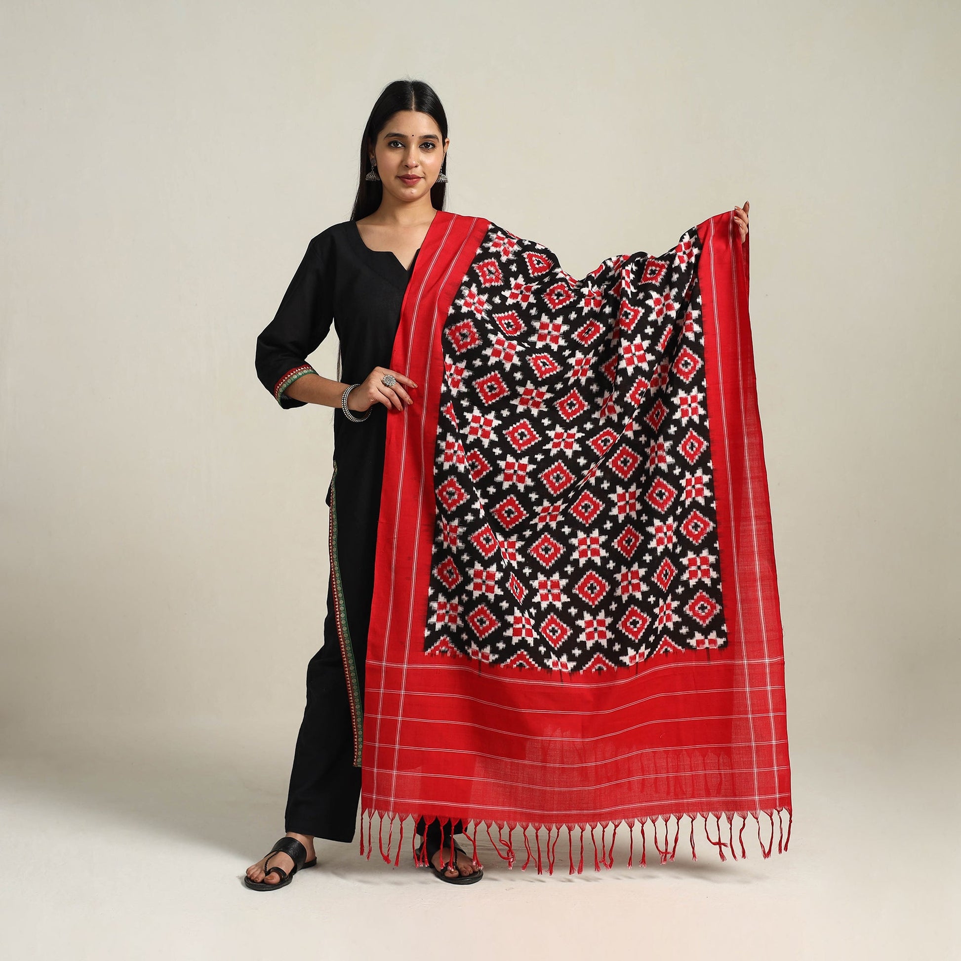 Black - Handloom Cotton Pochampally Double Ikat Dupatta 04