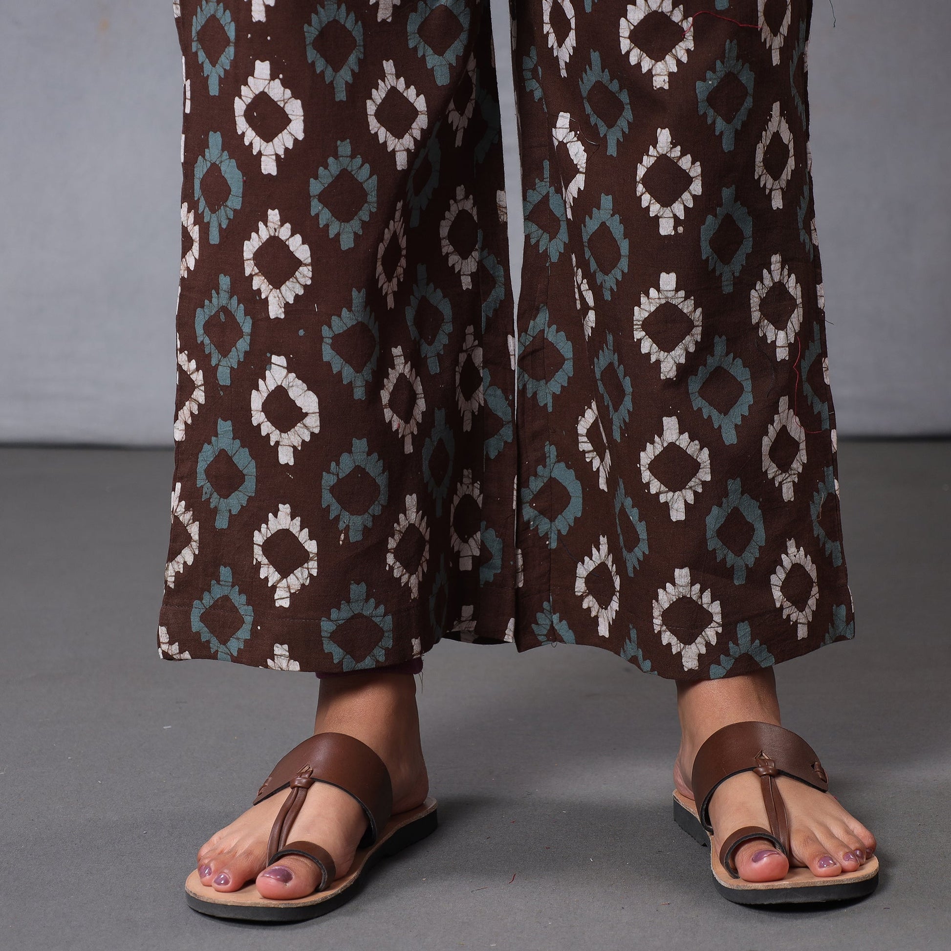 Brown - - Hand Batik Printing Cotton Kurta with Palazzo & Dupatta Set
