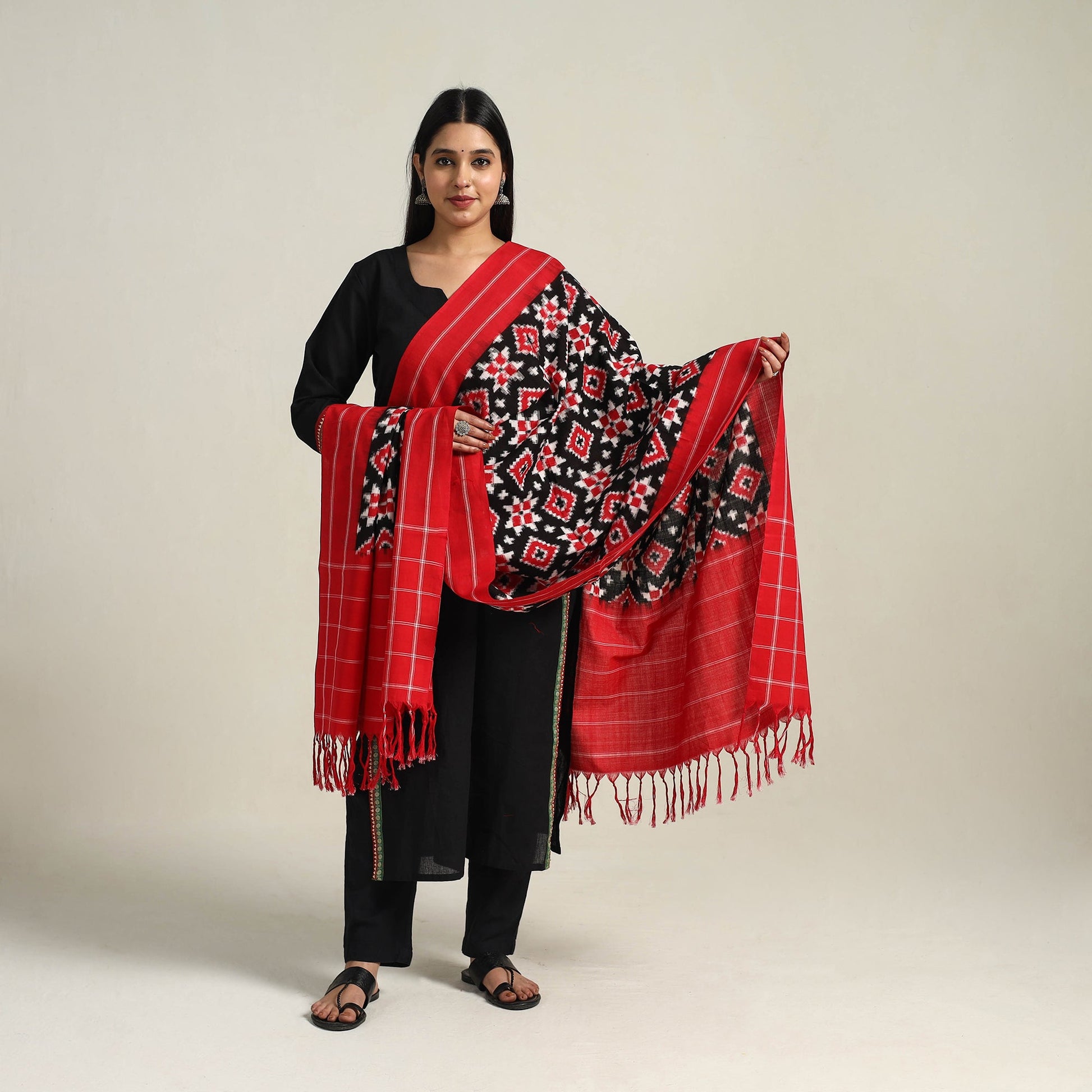 Black - Handloom Cotton Pochampally Double Ikat Dupatta 04