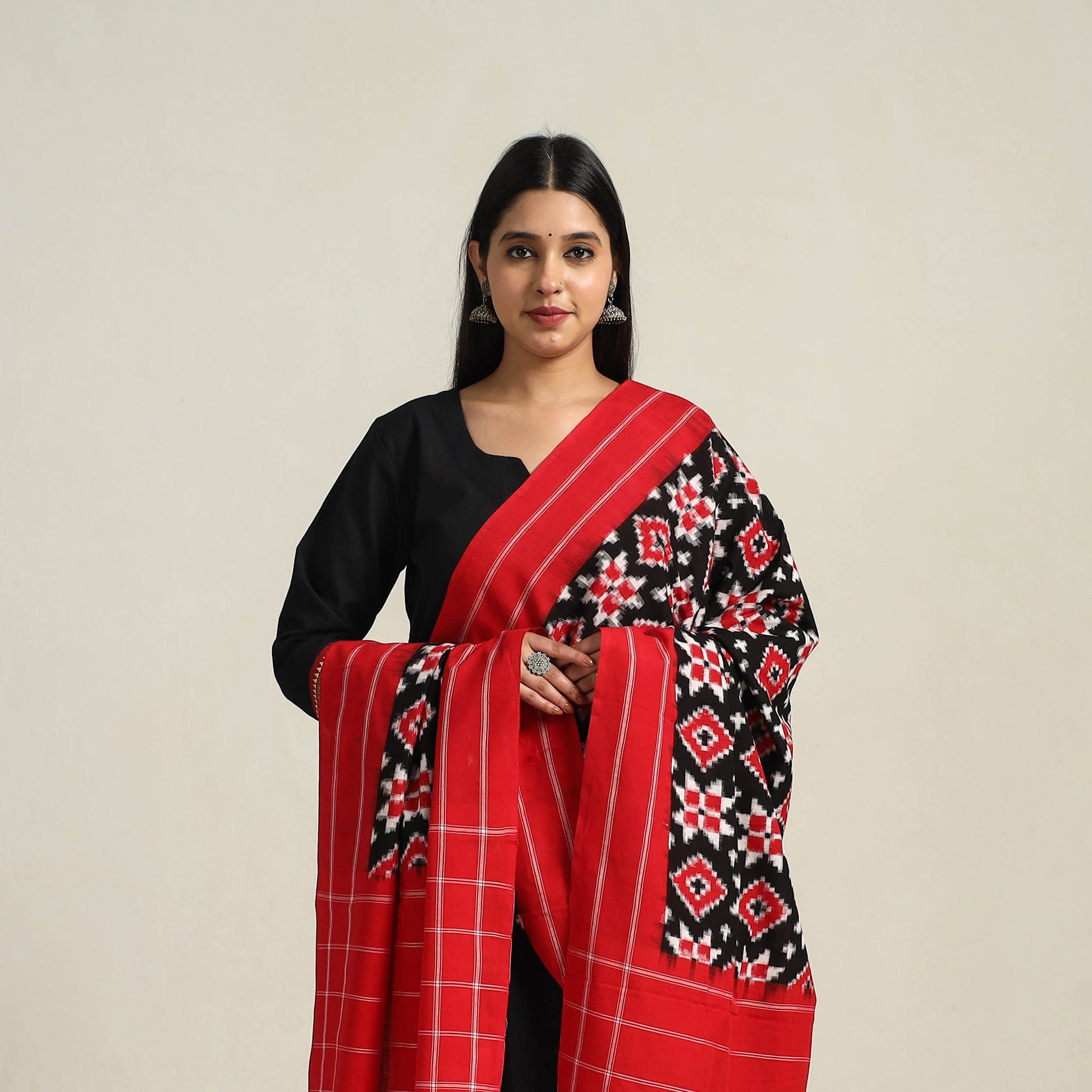 Black - Handloom Cotton Pochampally Double Ikat Dupatta 04