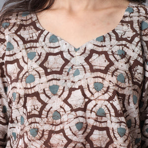 Brown - - Hand Batik Printing Cotton Kurta with Palazzo & Dupatta Set