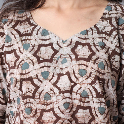 Brown - - Hand Batik Printing Cotton Kurta with Palazzo & Dupatta Set