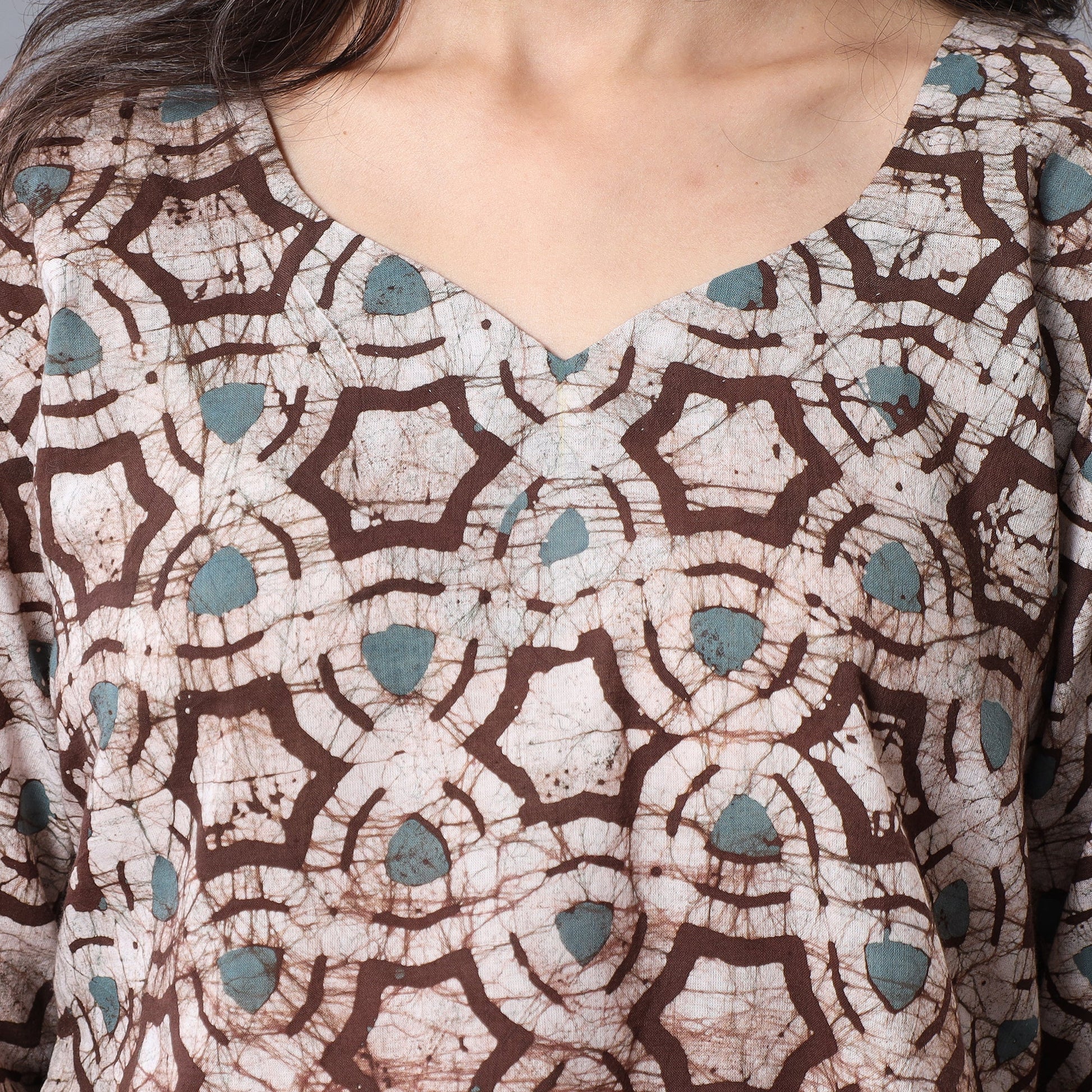 Brown - - Hand Batik Printing Cotton Kurta with Palazzo & Dupatta Set