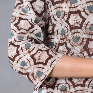 Brown - - Hand Batik Printing Cotton Kurta with Palazzo & Dupatta Set