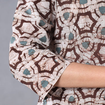 Brown - - Hand Batik Printing Cotton Kurta with Palazzo & Dupatta Set