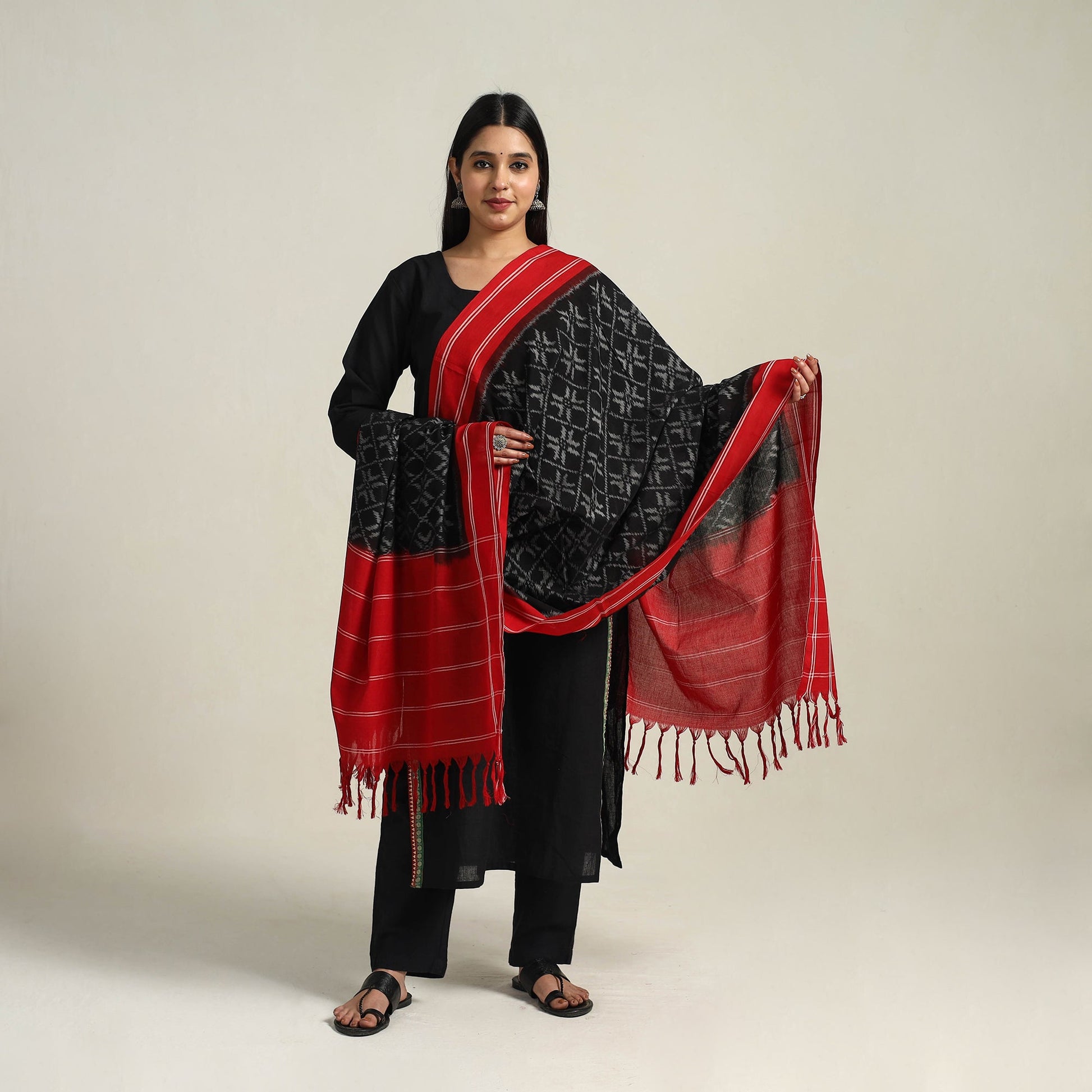 Black - Handloom Cotton Pochampally Double Ikat Dupatta 07