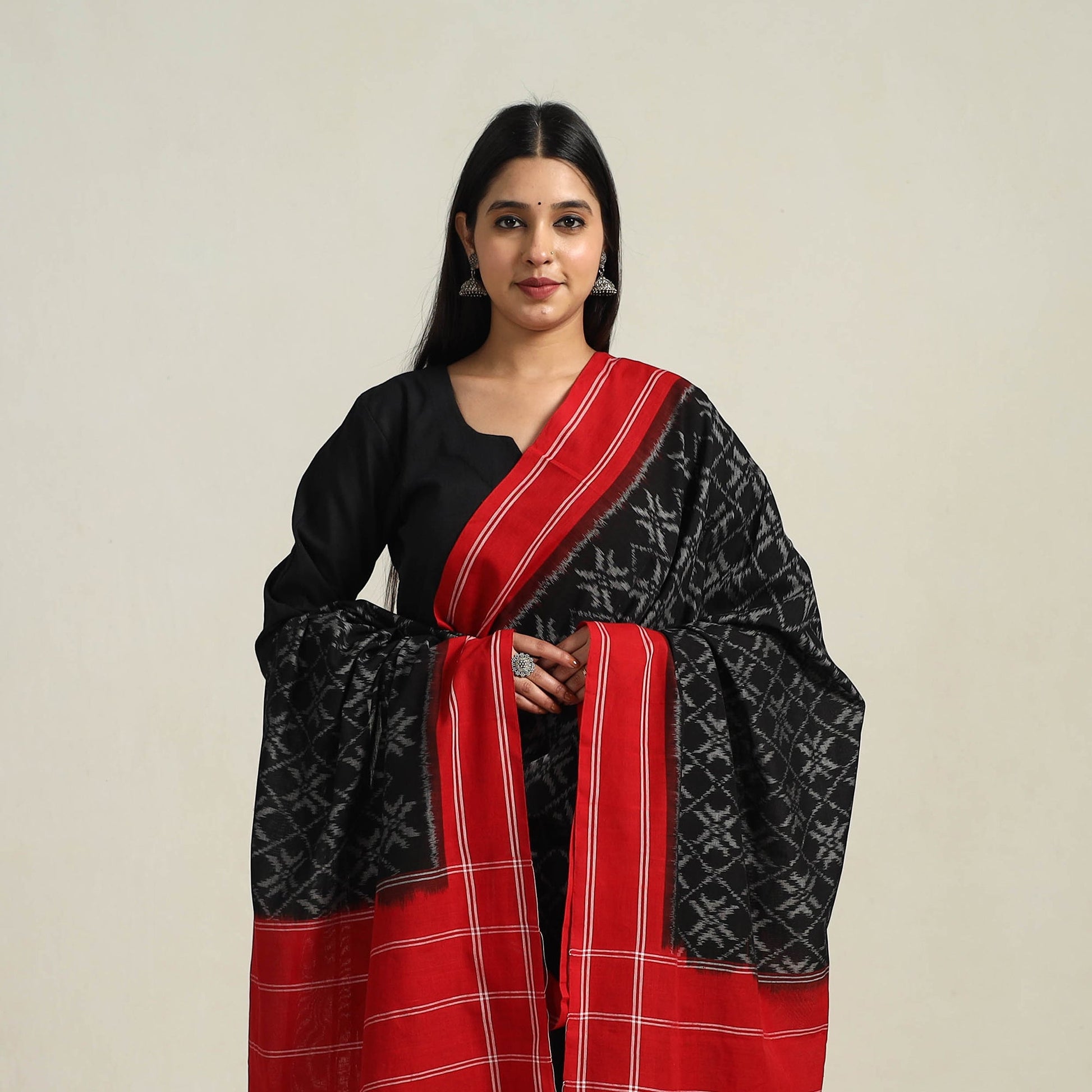 Black - Handloom Cotton Pochampally Double Ikat Dupatta 07