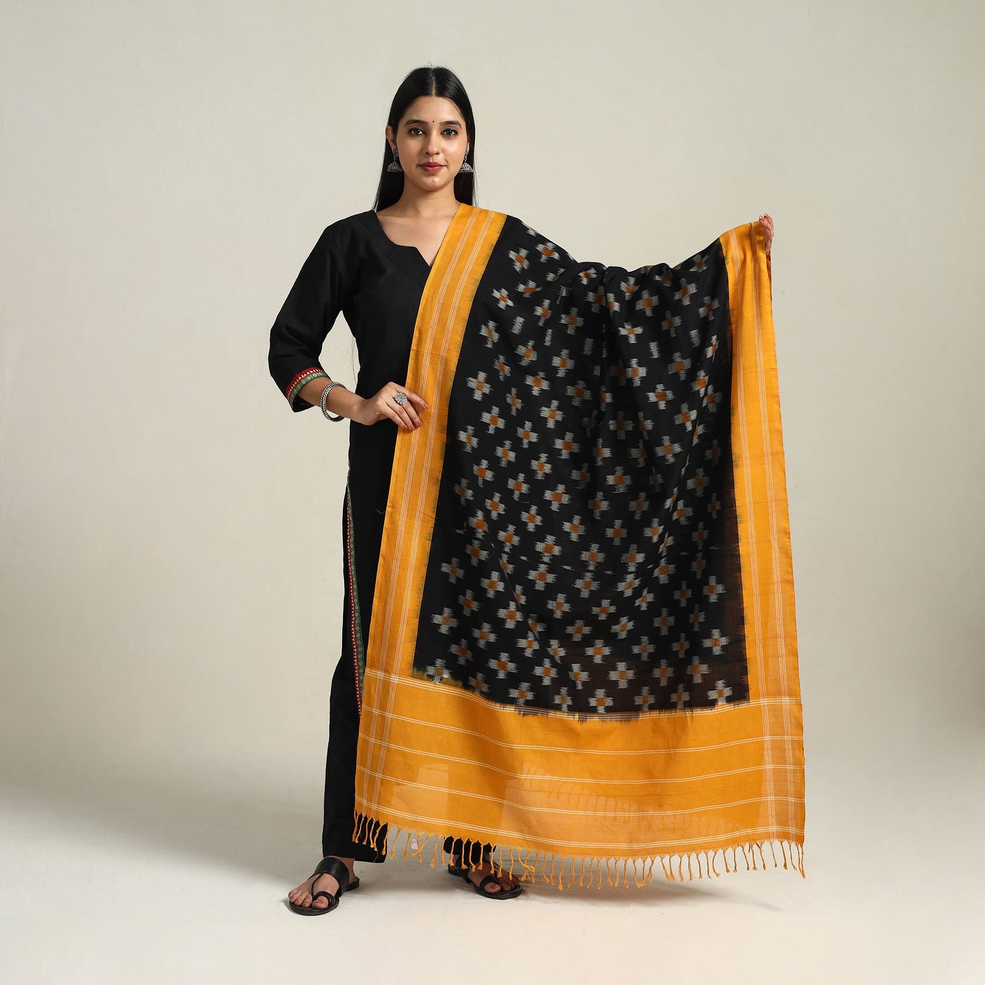 Black - Handloom Cotton Pochampally Double Ikat Dupatta 08