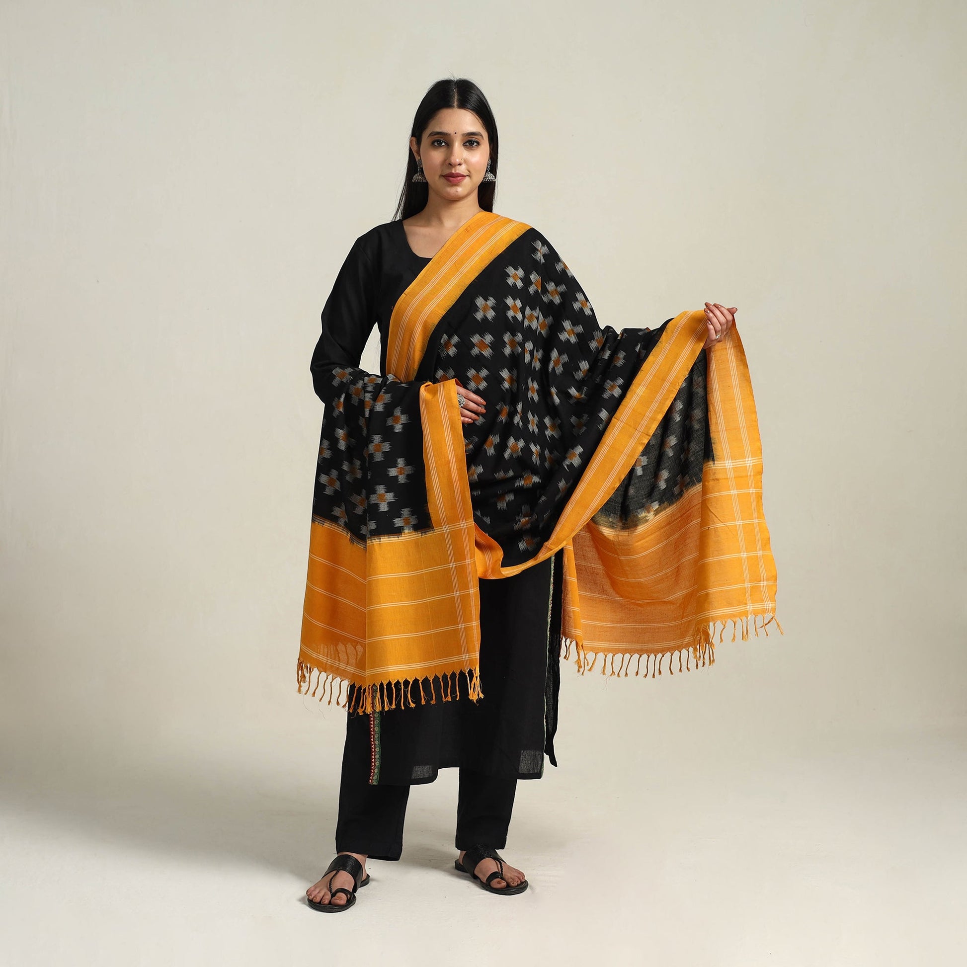Black - Handloom Cotton Pochampally Double Ikat Dupatta 08