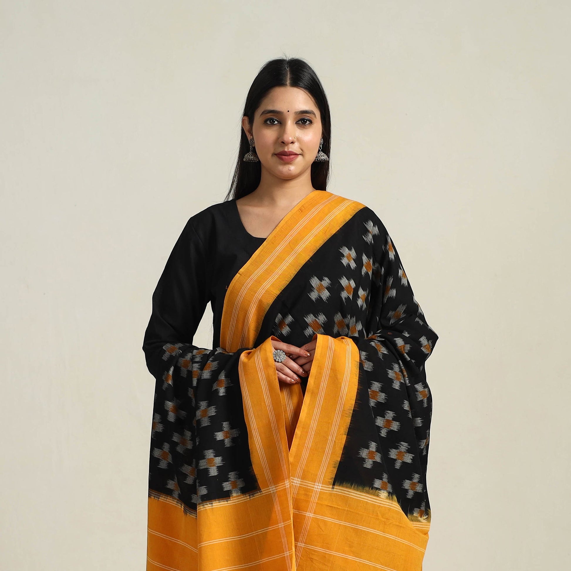 Black - Handloom Cotton Pochampally Double Ikat Dupatta 08