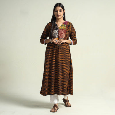 Brown - Block Print Cotton Patchwork A-Line Bagh Kurta