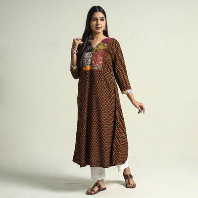 Brown - Block Print Cotton Patchwork A-Line Bagh Kurta