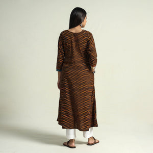 Brown - Block Print Cotton Patchwork A-Line Bagh Kurta