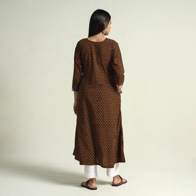 Brown - Block Print Cotton Patchwork A-Line Bagh Kurta